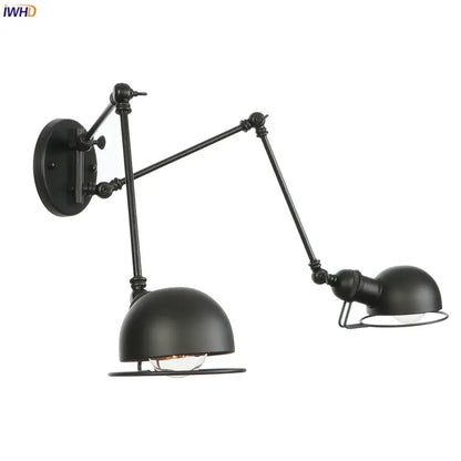 Decorbites antique black wall lamp with matte finish, adjustable arms, and dome-shaped shades in vintage industrial style
