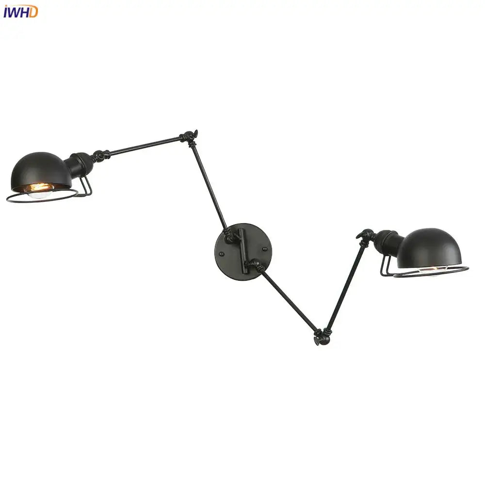 Decorbites antique black wall lamp with two adjustable arms and dome-shaped shades in vintage industrial style