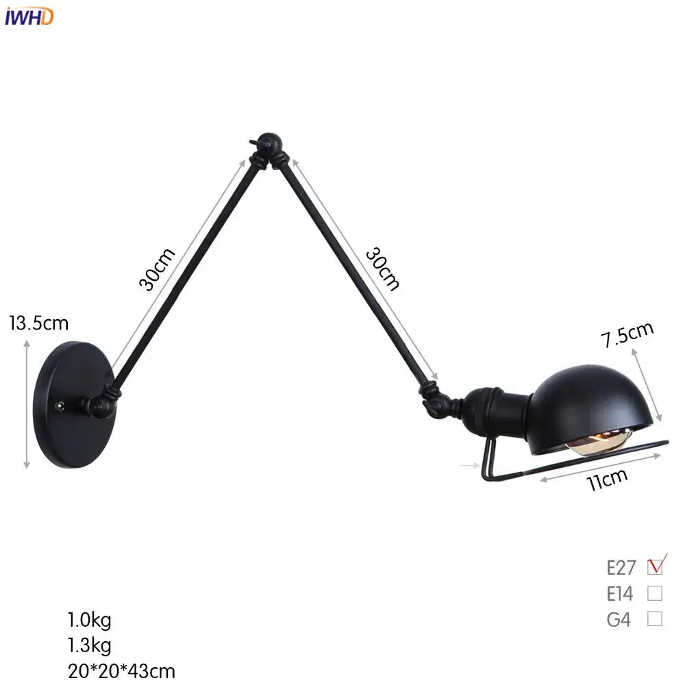 DecorBites antique black wall lamp with vintage industrial design and articulated arms in matte black finish
