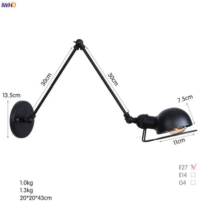 DecorBites antique black wall lamp with vintage industrial design and articulated arms in matte black finish