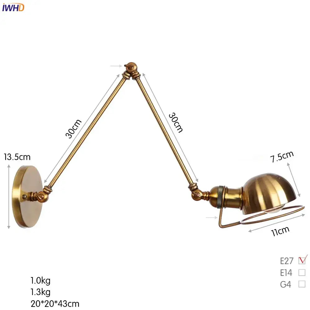Brass-finished adjustable wall lamp with articulated arms and dome shade for DecorBites antique black wall sconce