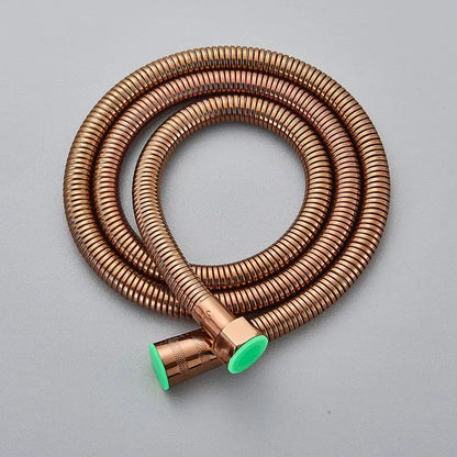 DecorBites antique brass 59 inch copper-colored flexible hand shower hose with ribbed texture and bright green end caps