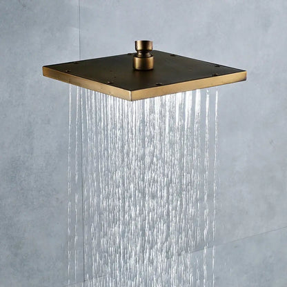Decorbites antique brass 8-inch square rainfall shower head with central knob and multiple water streams in antique brass finish