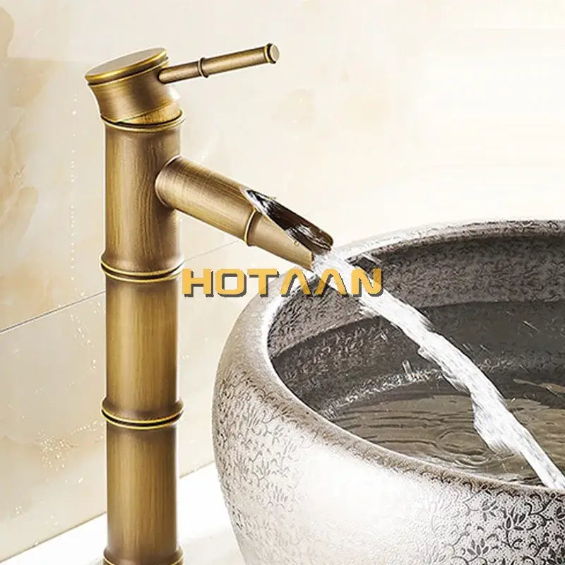 DecorBites antique brass basin faucet with bamboo style and waterfall spout in vintage bronze finish single handle tap