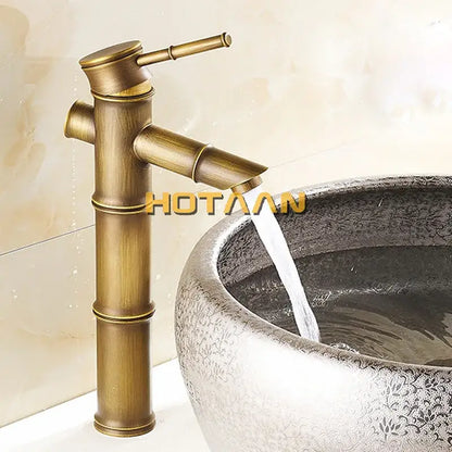 DecorBites antique brass basin faucet with single-handle vintage-inspired bamboo style in bronze finish for bathroom use