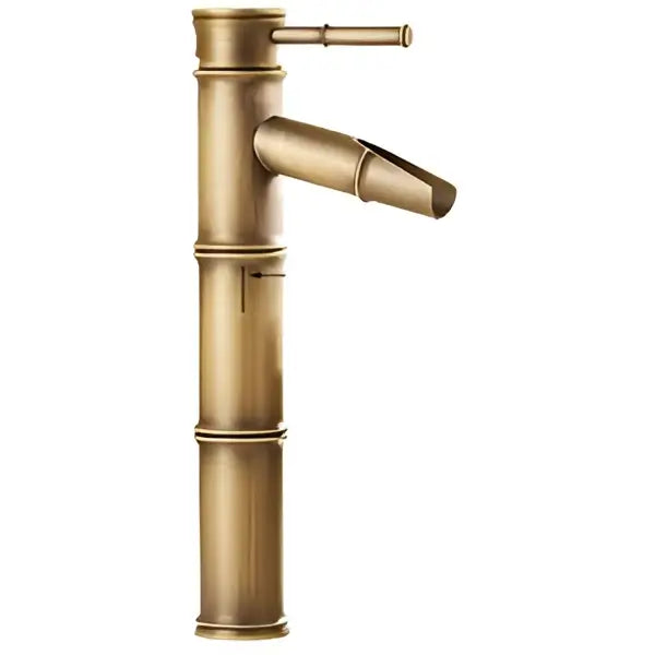 Brass bamboo style basin faucet in antique brass finish by DecorBites featuring a sleek curved spout and single handle