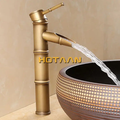 Decorbites antique brass basin faucet with waterfall spout and bamboo style vintage bronze finish for bathroom use