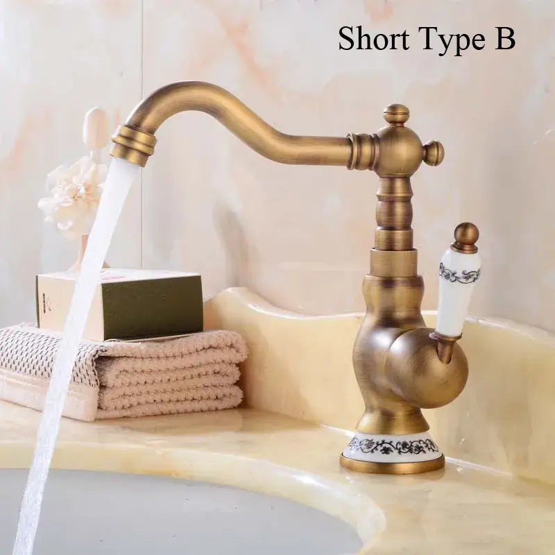 DecorBites antique brass basin faucet with ornate detailing and white ceramic handle for kitchen sink mixer