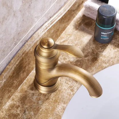 DecorBites antique brass basin faucet single handle deck mounted with sleek curved spout and rounded handle