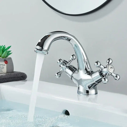 Chrome finished vintage-style basin faucet with cross handles and curved spout for decorbites antique brass basin use