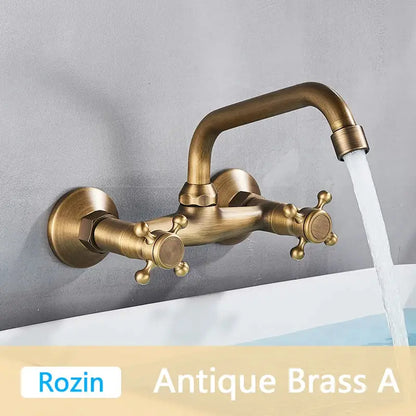 DecorBites antique brass basin faucet wall mounted with dual handles and curved swivel spout mixer tap in antique brass