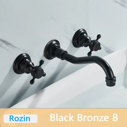 Decorbites antique brass basin faucet wall mounted with black bronze dual handles and curved swivel spout mixer tap