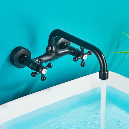 Black matte wall-mounted basin faucet with cross handles engraved h and c for hot and cold by decorbites antique brass