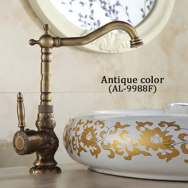 Decorbites antique brass basin faucet with single handle ornate detailing and curved spout for hot cold mixer taps