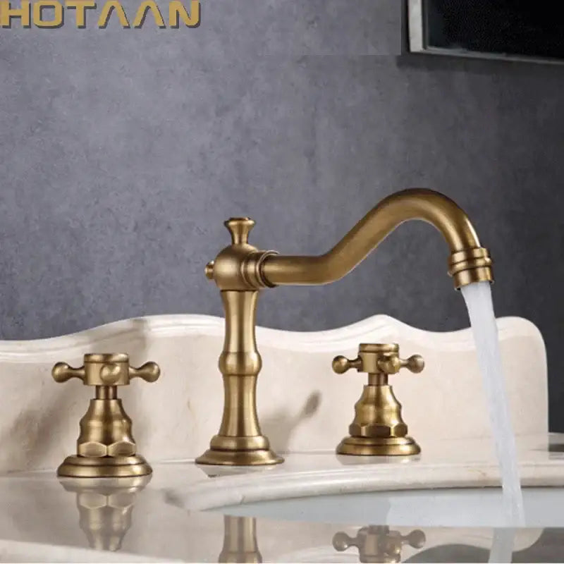 Decorbites antique brass basin mixer tap with three cross handles and curved spout deck mounted kitchen faucet