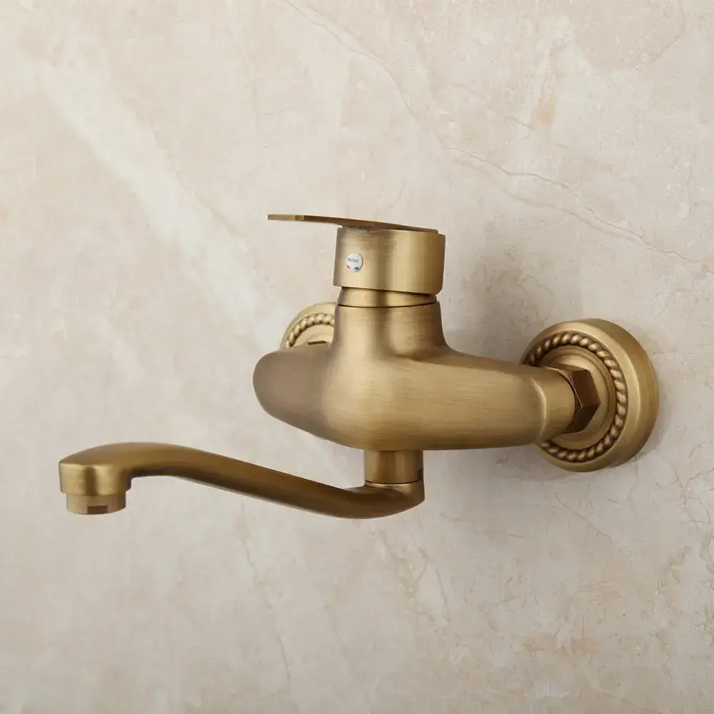 DecorBites antique brass basin sink mixer tap wall mounted with curved spout and decorative rope-textured plate