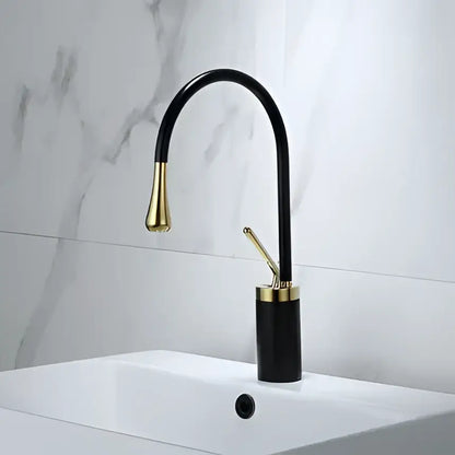 DecorBites antique brass bathroom basin faucet with black curved spout and cylindrical base for kitchen or sink use