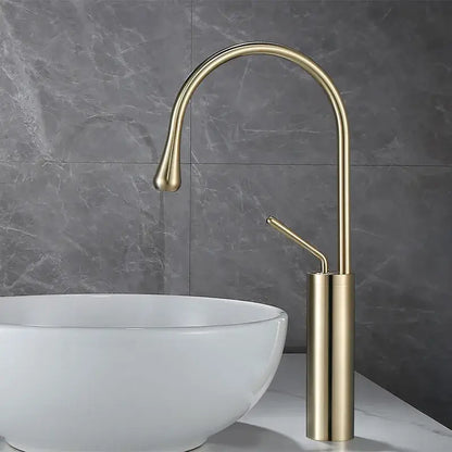 Decorbites™ antique brass bathroom basin faucet with gold-toned curved spout and cylindrical base for hot cold use
