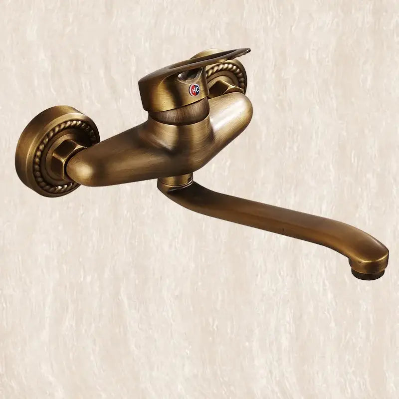 DecorBites antique brass bathroom basin faucet with long spout dual handle and ornate beaded detailing wall mount
