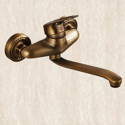 DecorBites antique brass bathroom basin faucet with long spout dual handle and ornate beaded detailing wall mount