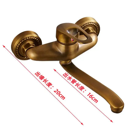 Decorbites antique brass bathroom basin faucet with ornate rope-textured handles and curved long spout wall mount