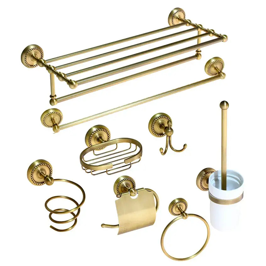 Decorbites antique brass bathroom hardware set featuring brass soap dish and toilet holder with ornate circular mounts