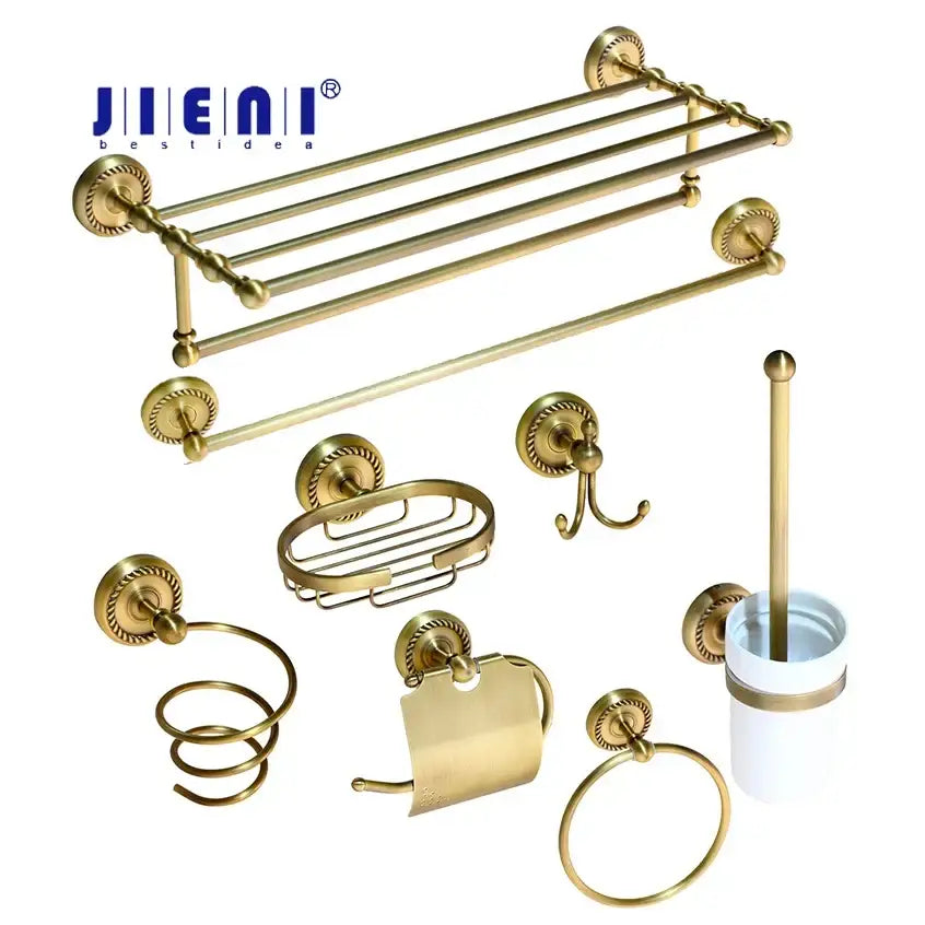 Decorbites antique brass bathroom hardware set featuring ornate brass bathroom hardware with soap dish and toilet holder