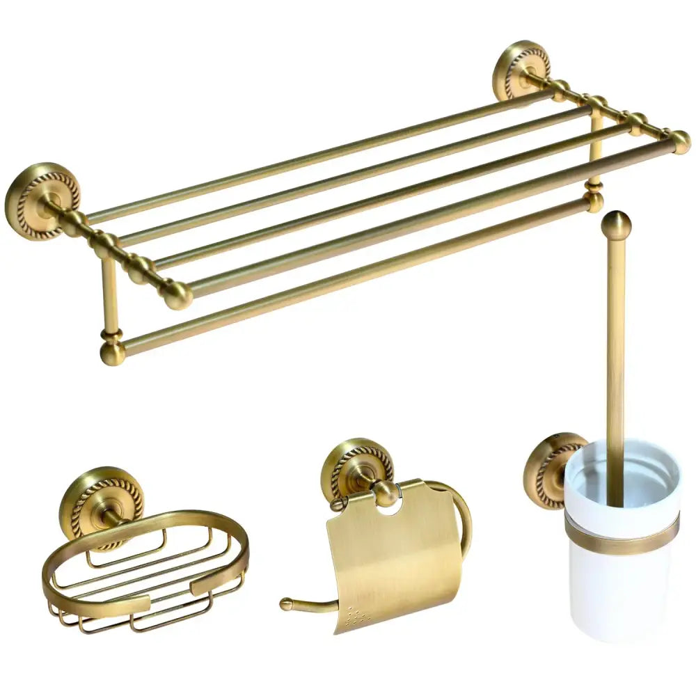 Decorbites antique brass bathroom hardware set with brass finish includes double-tier towel rack soap dish toilet paper holder and brush cup
