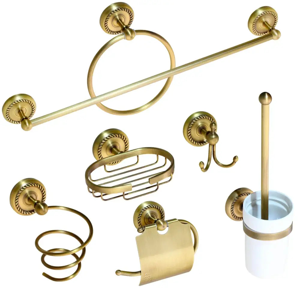 Decorbites antique brass bathroom hardware set with towel bar soap dish hooks and toilet paper holder in brass finish