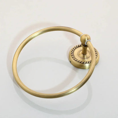 Antique brass bathroom towel ring with rope-twist base and smooth hoop from decorbites hardware set