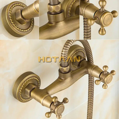 Decorbites antique brass bathroom shower and basin tap set with ornate twisted rope detailing and cross-handle knobs