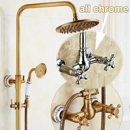 Decorbites antique brass shower faucet set with chrome accents and ceramic handles featuring rainfall head and handshower