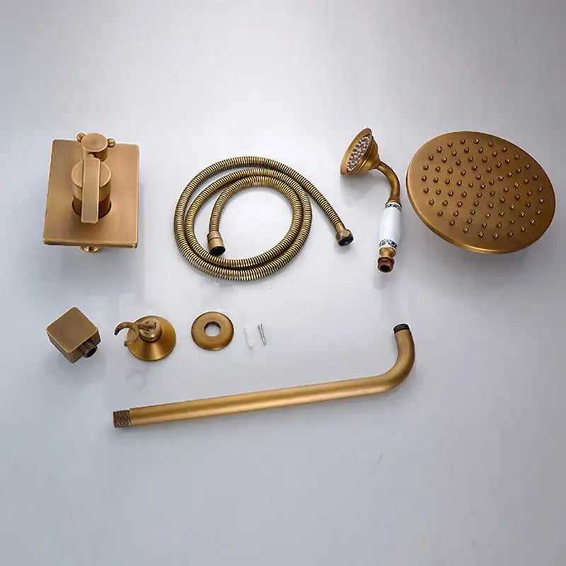 Decorbites antique brass shower mixer set with gold-finished brass, square valve, rain shower head, and handheld showerhead