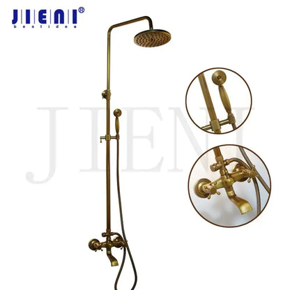 Decorbites antique brass bathroom shower set with fixed rainhead handheld spray and double mixer taps in brass finish