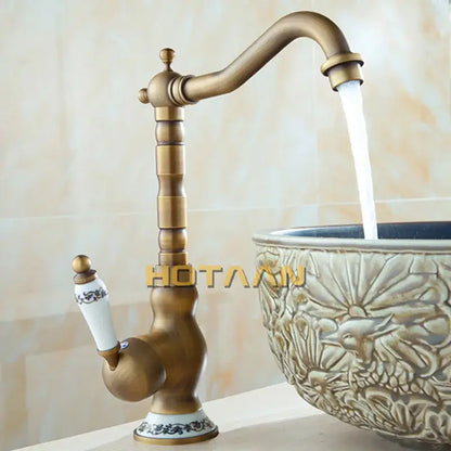 Decorbites antique brass bathroom sink faucet with white ceramic handle and blue floral patterns single handle deck mounted