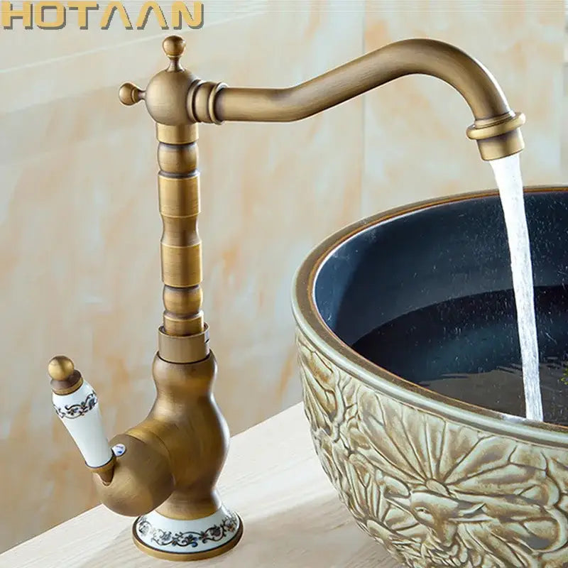 Decorbites antique brass bathroom sink faucet single handle deck mounted basin mixer with ornate ceramic base
