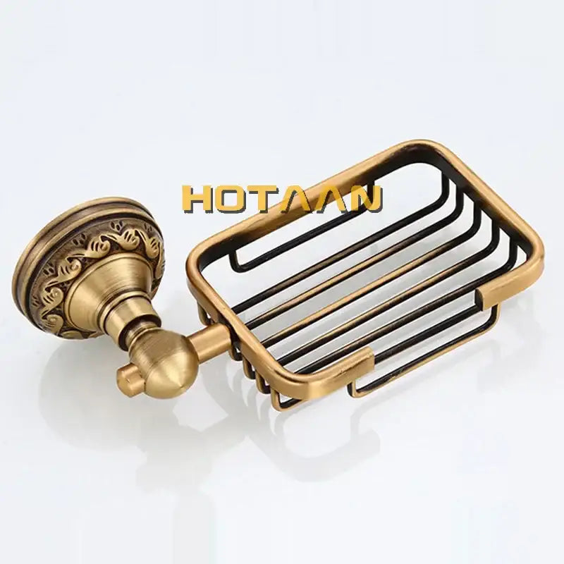 Decorbites antique brass soap dish holder with ornate wall-mounted bracket and wire grid metal design for bathroom use