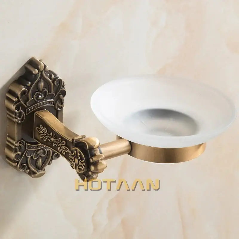 Decorbites™ antique brass bathroom wall-mounted soap dish with ornate floral aluminum holder and frosted glass bowl