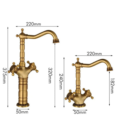 DecorBites™ antique brass carved kitchen faucet with ornate fluted spout and decorative cross handles in brass carved waterfall style