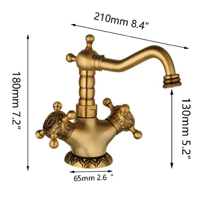 Decorbites antique brass carved two-handle bathroom faucet set with decorative knobs and brass carved waterfall spout