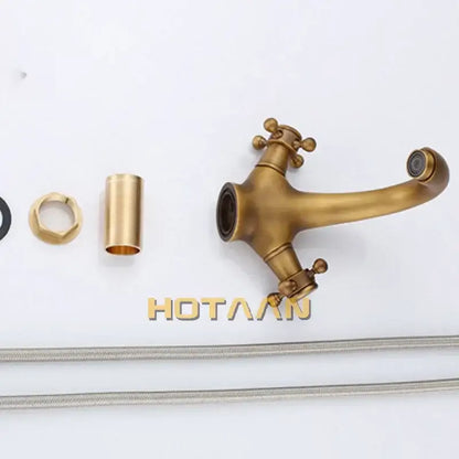 DecorBites antique brass double handle faucet with ornate cross handles and curved spout for kitchen or bathroom basin