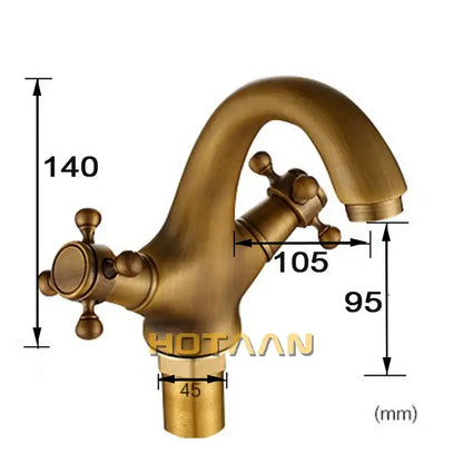 Decorbites antique brass double handle faucet with cross-shaped handles and curved spout for bathroom use