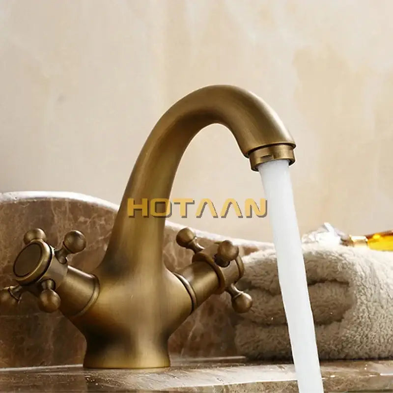 DecorBites antique brass double handle faucet with cross handles and curved spout for kitchen and bathroom use