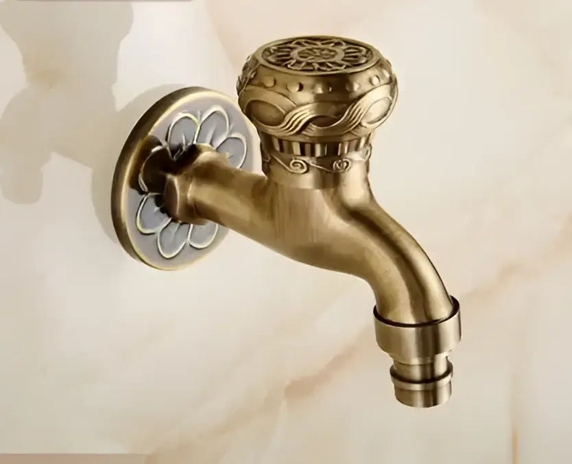 Decorbites™ antique brass dragon carved outdoor washing machine faucet with intricate floral scrollwork detailing