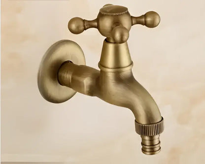 Antique brass dragon carved outdoor washing machine faucet with vintage cross-handle and threaded hose connection