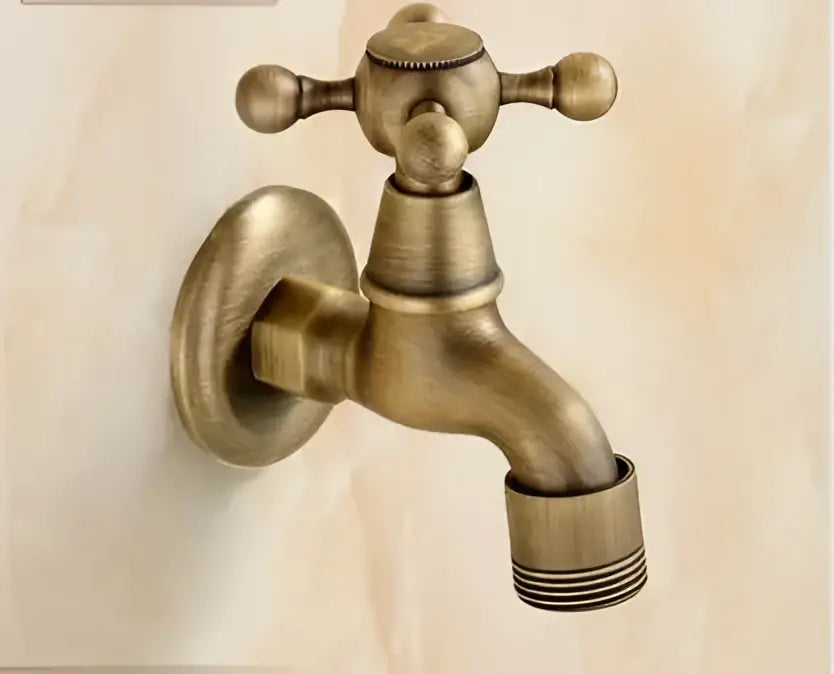 DecorBites™ antique brass dragon carved wall-mounted outdoor washing machine faucet with cross-handle and threaded spout
