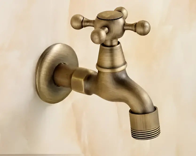 DecorBites™ antique brass dragon carved wall-mounted outdoor washing machine faucet with cross-handle and threaded spout