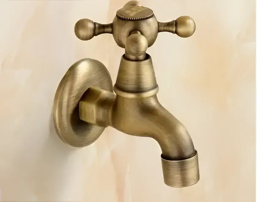 DecorBites™ antique brass dragon carved outdoor washing machine faucet with vintage cross handles and classic spout design
