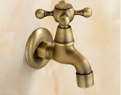 DecorBites™ antique brass dragon carved outdoor washing machine faucet with vintage cross handles and classic spout design