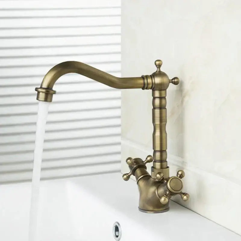 DecorBites antique brass dual handle swivel sink faucet with ornate cross handles and curved spout vintage style